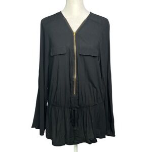 Sultry Plus Black Long‎ Sleeve Blouse Gold Zipper  Drawstring Waist 1XL